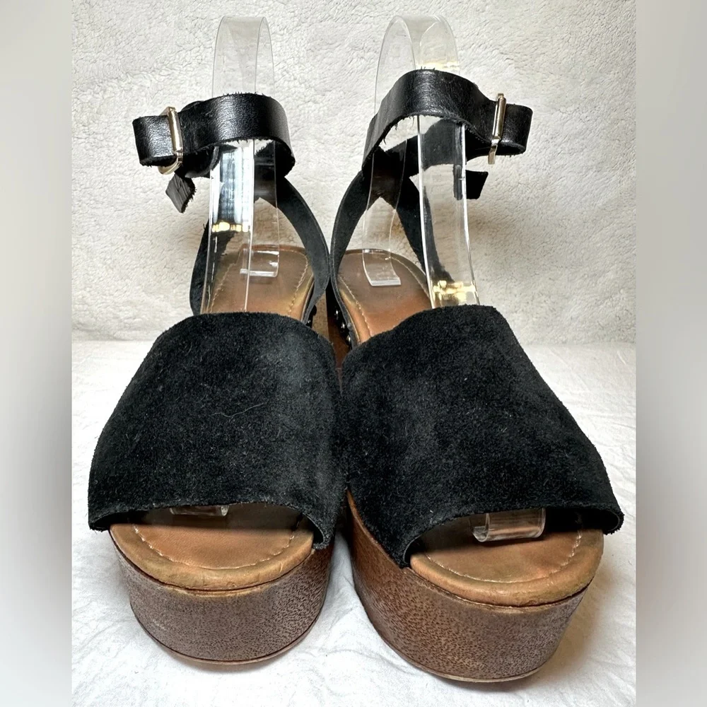 Seychelles women’s sandal “Forward Wedge” black suede strappy‎ ankle wrap strap